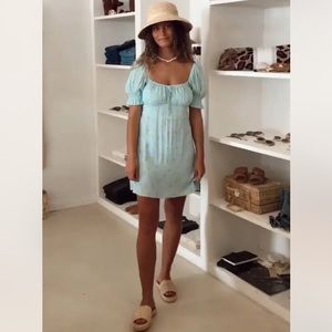 Faithfull The Brand Iris Mini Dress Blue Yellow Floral Puff  Sleeve 10 XL $260